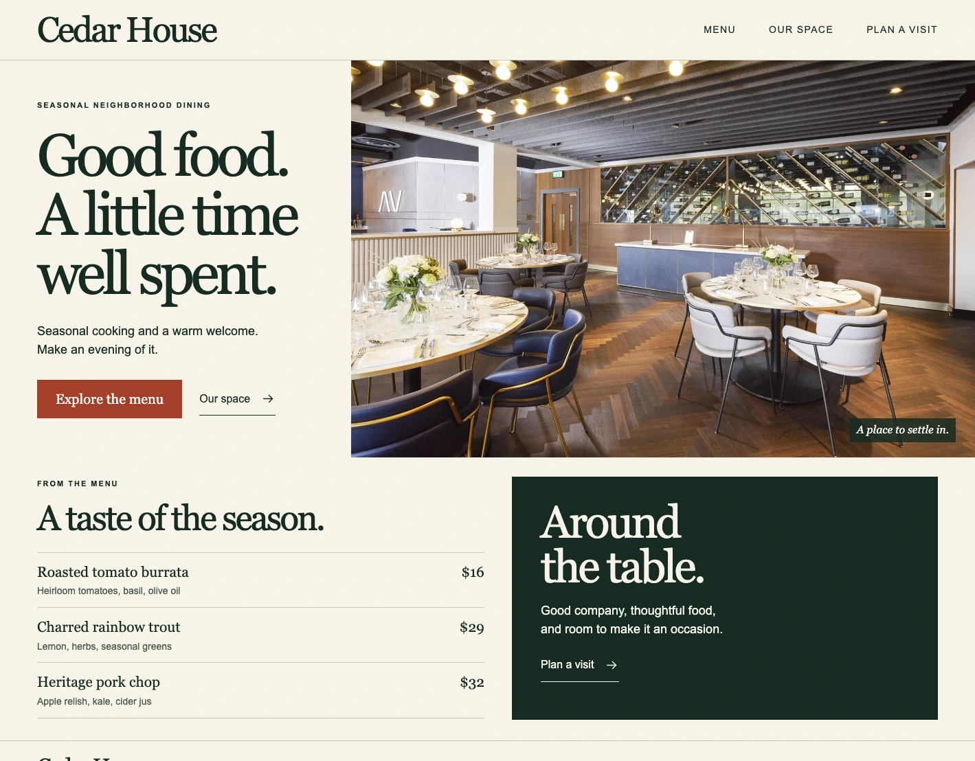 Restaurant website design example with a menu, dining-room photography, and responsive layout.